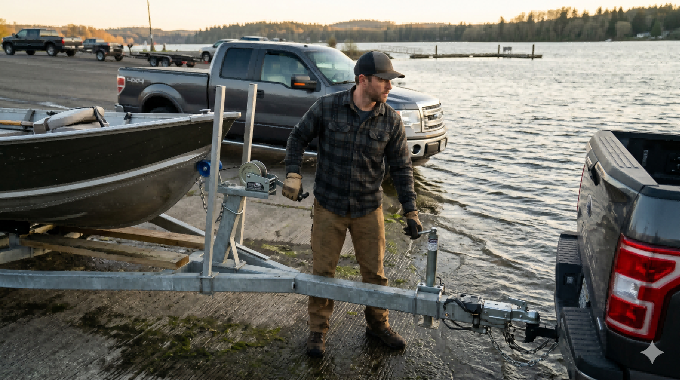 Boat trailer loading setup at a launch ramp with pickup truck, fishing boat, and single operator preparing for retrieval